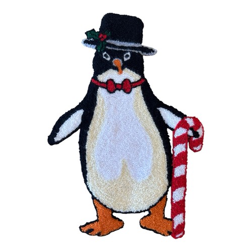 VTG Punch Needle Embroidery Christmas Penguin Candy Cane Applique Patch LRG 10"