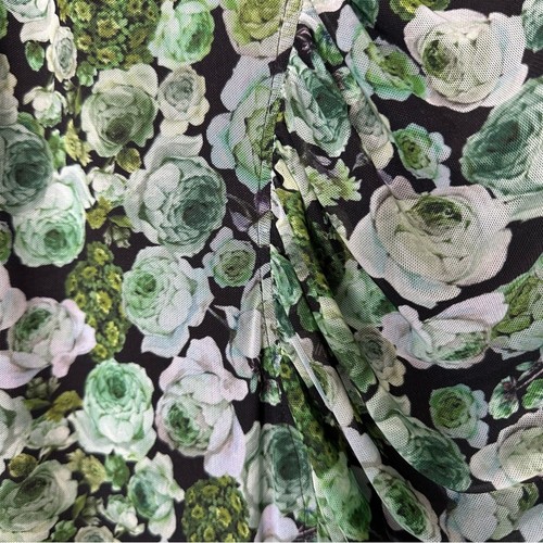 GANNI puffy ruched sleeve floral green mesh stretchy mini dress size 40 us 8/10 - Picture 8 of 11