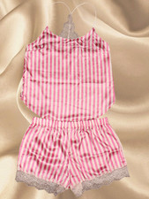 Victoria Secret Iconic Pink Stripe Satin Lace Cami Shorts Sleep Set NEW HTF