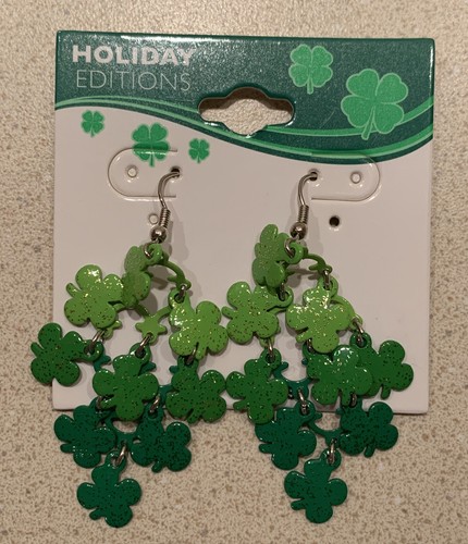 St. Patrick's Day Green Sparkly Lucky Clovers 2” Earrings. NEW - Picture 2 of 3