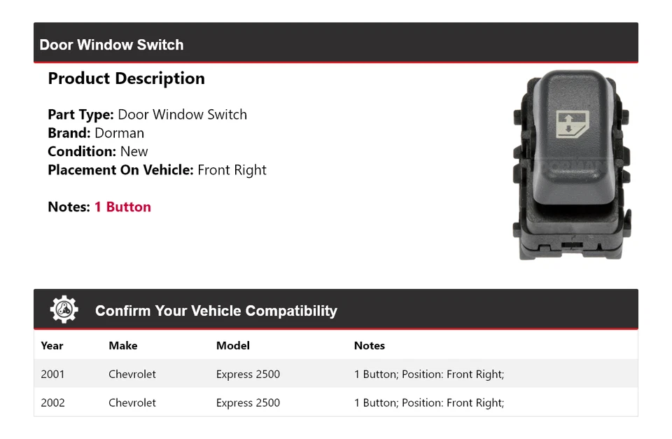 Interruptor de ventana de puerta delantero derecho Chevrolet Express 2500 Dorman 2001-2002 Foto 2 de 4