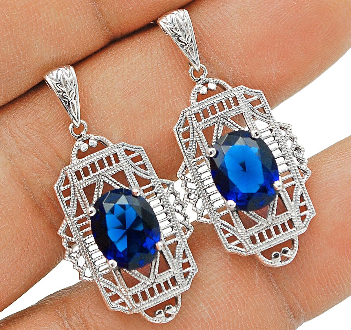 6CT Treated Sapphire 925 Sterling Silver Victorian Style Earrings UM264