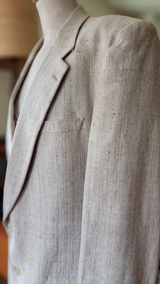 Jaqueta esportiva de seda bege espinha de peixe linho sob medida masculina terno vintage Coreia - Imagem 4 de 4