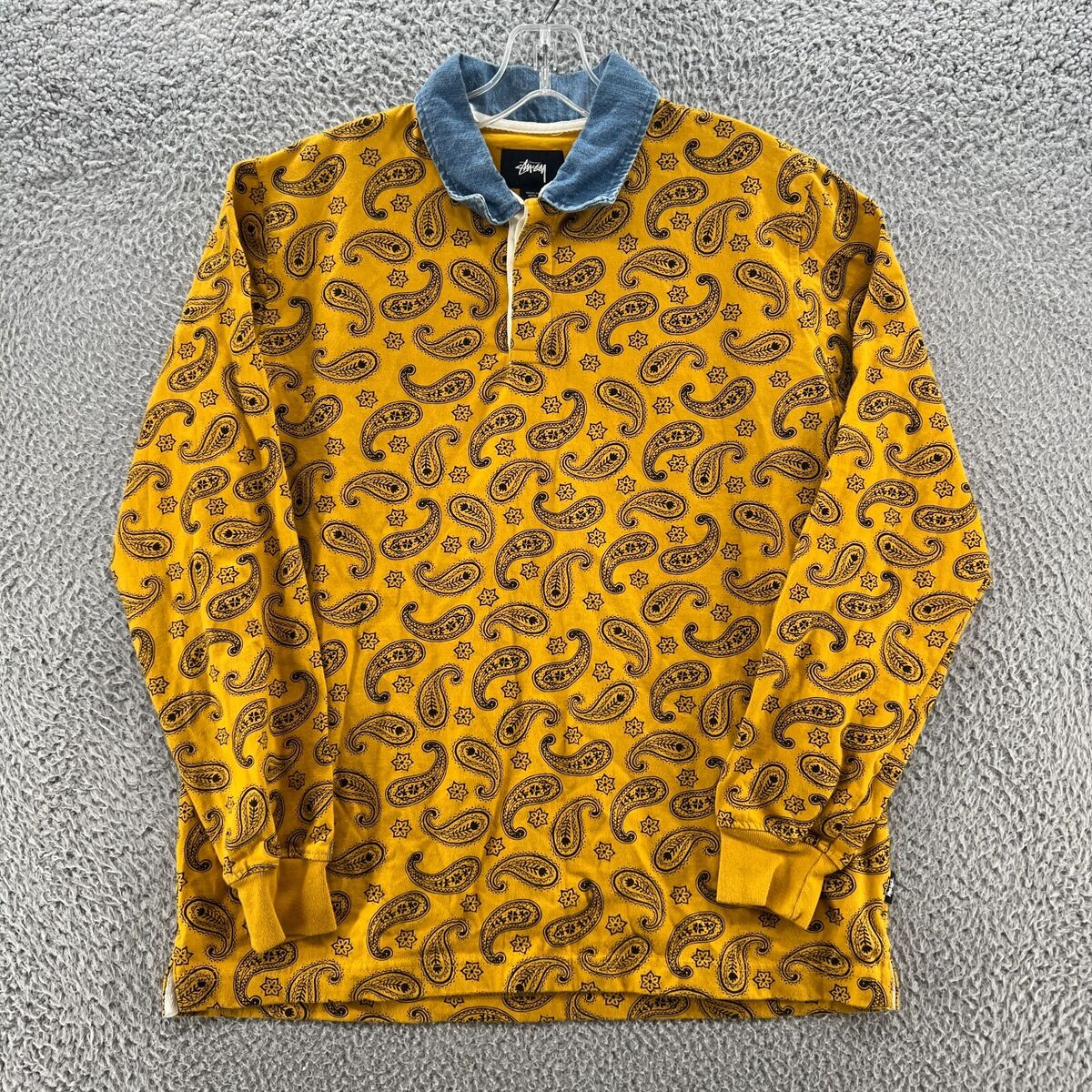 Stussy Polo Shirt Mens Small Gold Paisley Denim Long Sleeve Stussy Polo Shirt Mens Small Gold Paisley Denim Long Sleeve