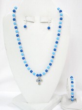 NEW MULTI-BLUE WITH RHINESTONE CROSS 4 PIECE CHILD'S JEWELRY SET-NICE