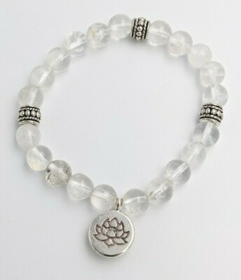Bracelet Mala En Quartz Cristal De Roche Poli 8 Mm - 21 Perles + Médaillon Lotus - Sans Fermoir, Fabriqué En France