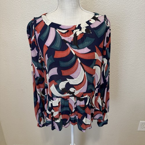 Anthropologie Maeve Top Damen Medium marineblau bunt abstrakt Vogel Bluse
