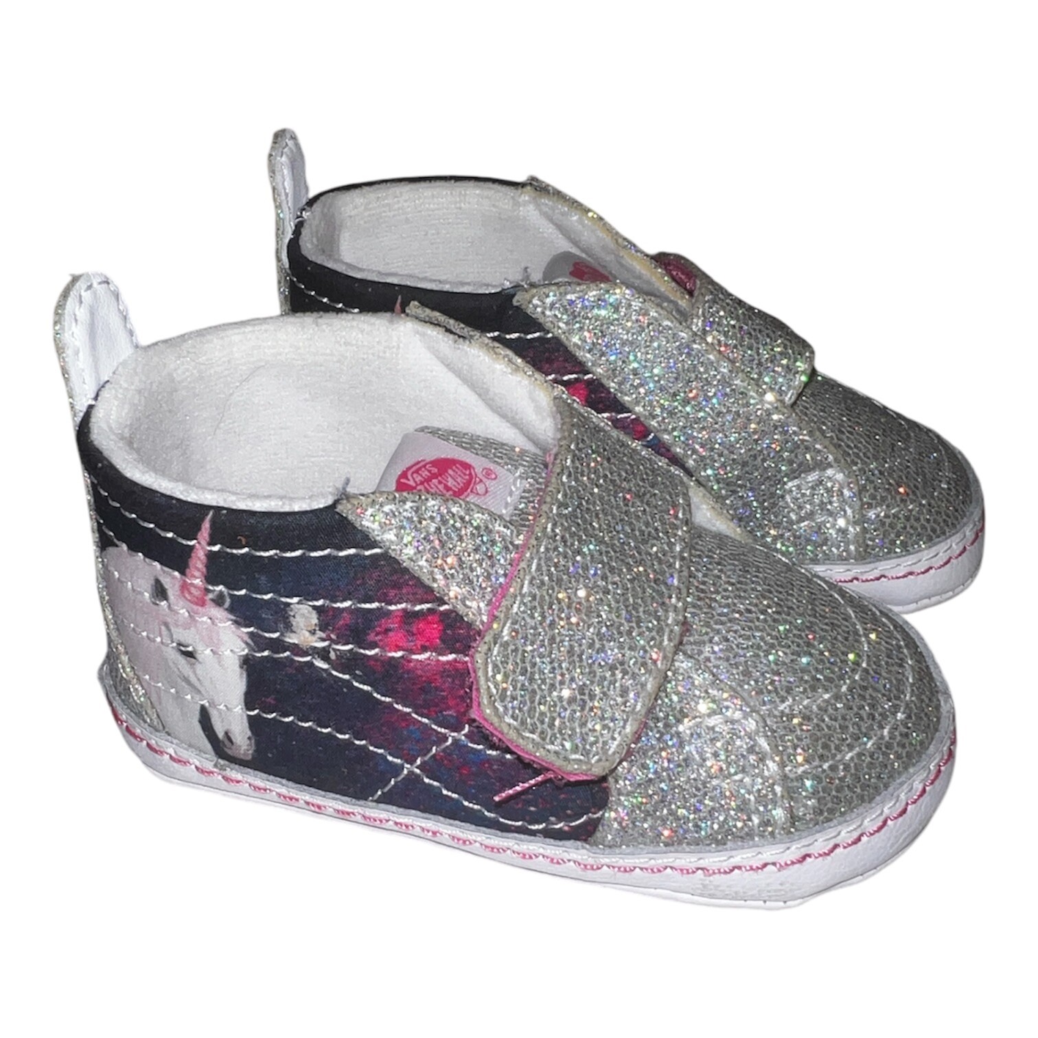 PONY Scarpe sneakers culla Vans neonato bambina unicorno argento glitter SK8 Hi taglia 4