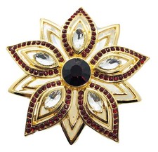 Rhinestone Diamante Star Flower Brooch Red Faux Gemstones Gold Tone Metal 149