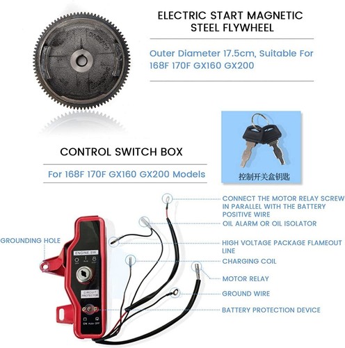 Electric Start Kit Starter Flywheel Switch For Honda GX160 GX200 6.5HP Engine - Picture 5 of 16
