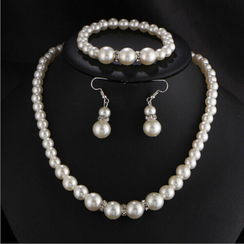 3pcs Bridal Wedding Faux Pearl Rhinestone Crystal Bracelet Necklace Earring SW - Afbeelding 1 van 6