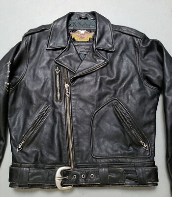 Vtg Harley Davidson Black Leather Motorcycle Jacket D Pocket Sz L