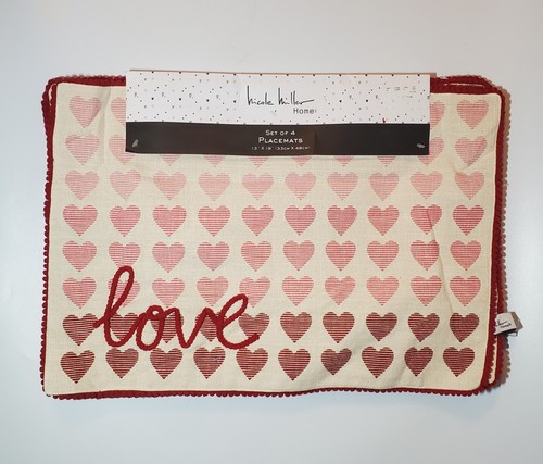 Set of 4 Nicole Miller Love Hearts Home Placemats Red Pink Beige Embroidered - Picture 2 of 6