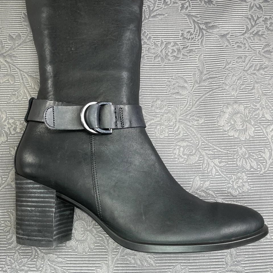 Botas ECCO de cuero negras con hebilla lateral cremallera tacón alto hasta la rodilla EU40 US 9.5 Foto 2 de 4