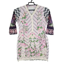 Womens Multicolor Floral Embroidered Kurta Top Tunic V Neck 3/4 Sleeve Size XL
