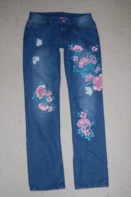 Y.F.K. - GR. 164 - Jeans gerade blue denim Blumen-Druck Destroyed-Effekte