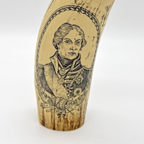 Vintage Scrimshaw Resin Faux Whale Tooth W/ Commander Horatio Nelson HMS Victory - Picture 2 of 9