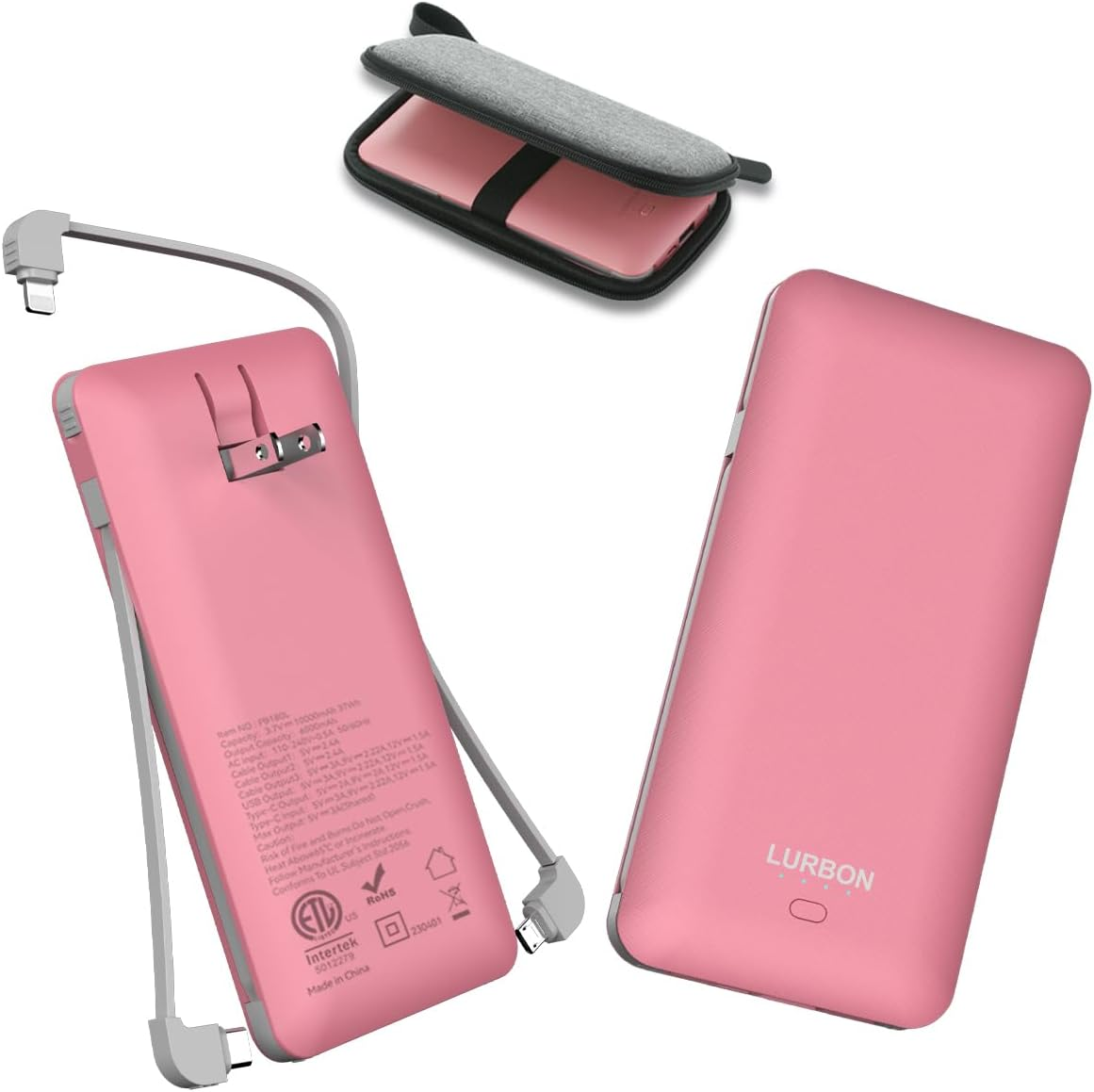 10000Mah Portable Charger,Usb C Power Bank with Built-In Cables and AC Wall P...