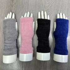 Half finger gloves Women's autumn and winter warm gloves all solid color fluffy 
