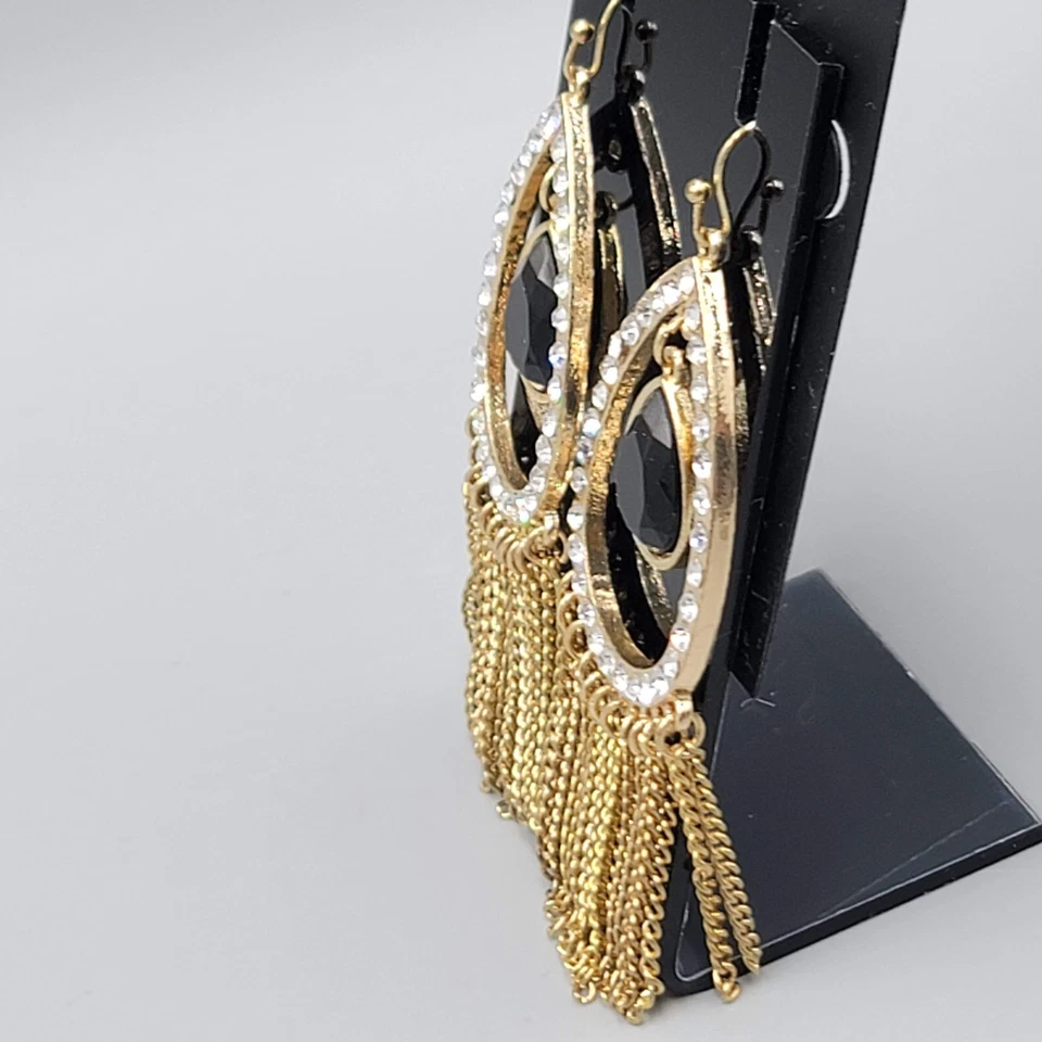 Pendientes perforados con flecos Thalia Sodi lágrima negra tono dorado colgantes nuevos con etiquetas 2,5" Foto 3 de 4