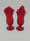 Pair Vintage Fenton Old Virginia Glass Red Swung Vase Ribbed Pedestal