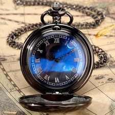 Black/Silver Quartz Pocket Watch with Necklace/Pendant Chain Starry Sky Dial