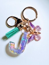 Handmade Resin Initial Keychain Letter J Butterfly Charm Personalized Gift