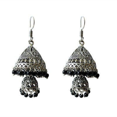 Oxidized Silver-Plated Dome Double Jhumka Earrings for Women with Black Beads