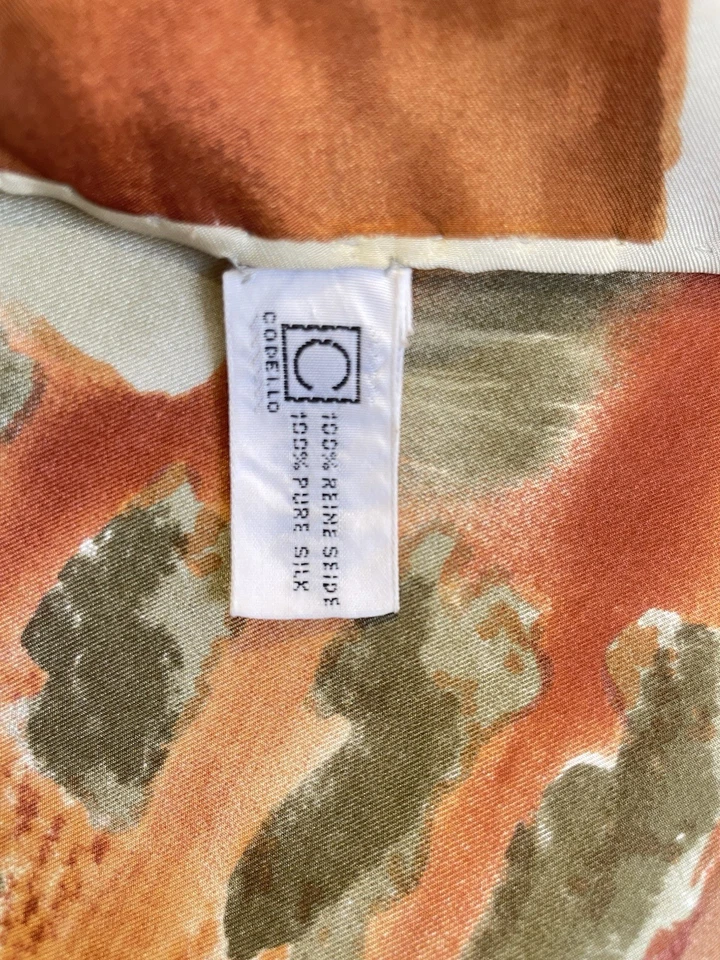 AS6#Codello Bufanda 100% Seda Abstracto Estampado Geométrico Cuadrado Naranja Verde Beige Foto 3 de 4