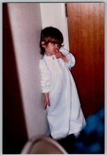 Vtg Color Snapshot Grumpy Little Girl In White Nightgown Pouting By Door 1990s