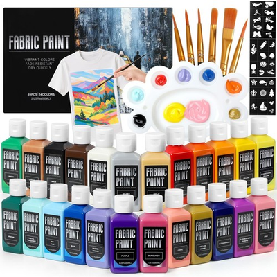 #ad Fabric Paint Set Permanent amp; Washer Safe 24 Vibrant Colors in Bottles 60... $31.38