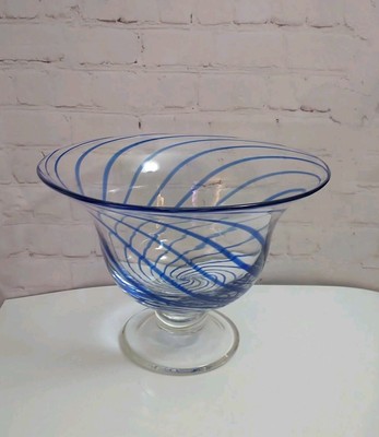 Pasabahce Cobalt Blue Swirl Hand Blown Turkish Glass Centerpiece Footed Bowl 10''