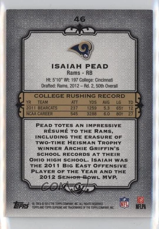 2012 Topps Supreme Violet /75 Isaiah Pead #46 Rookie RC - Image 2 of 2
