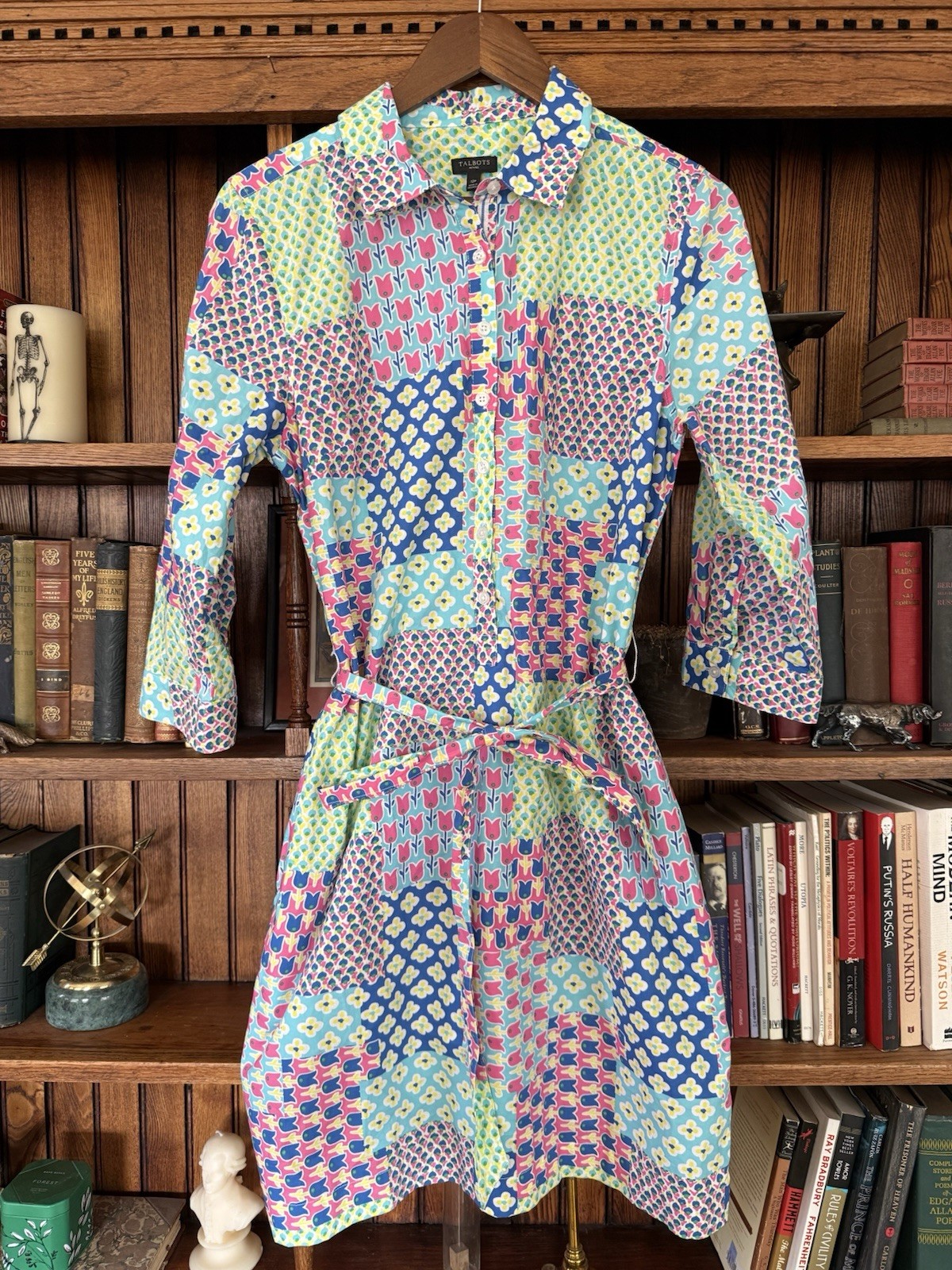TALBOTS 12P Colorful Patchwork Belted Shirtdress … - image 1