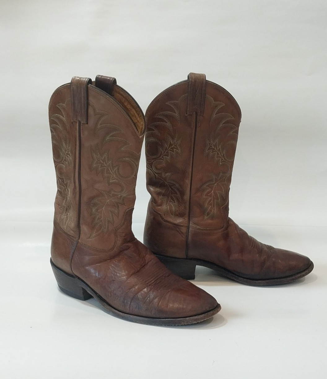 Tony Lama Cowboy Western Boots Mens 10.5D Brown Leather Embroidered Made in USA.