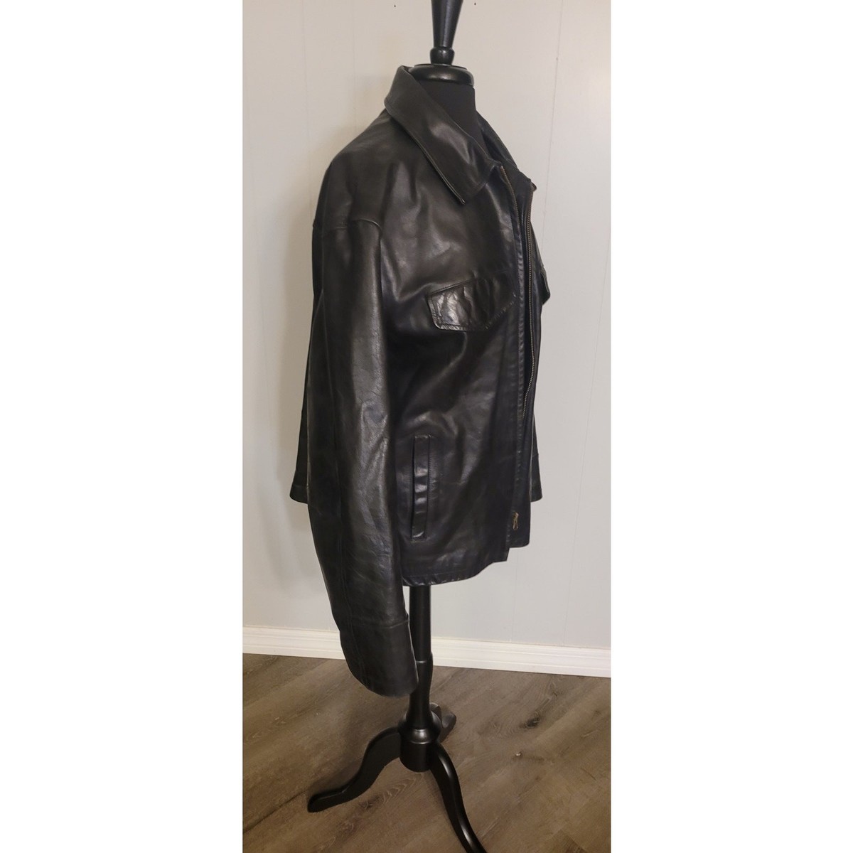 Vintage J.Crew Men's Leather Jacket L Black 90s Biker Full