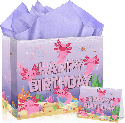 Axolotl Birthday Party Gift Bag Cartoon Purple Pink Birthday Gift Bag with Tissu