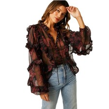 Blusa MISA Los Angeles Frida Mariposa Transparente Volantes Mangas Hinchadas Talla XS X-Pequeña