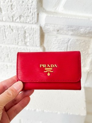 Authentic Prada Red Saffiano Leather 6-Key Holder Case Gold Tone