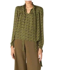 LOVE, WHIT BY WHITNEY PORT GREEN FLORAL V NECK  TIE CUFFS TWILL BLOUSE SIZE 2