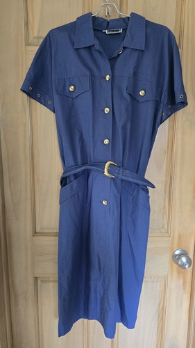 Luisa Spagnoli Blue Solid Midi Shirt Dress Collared Button-Front Belted 46