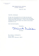William Milliken Signed Letter 1976 Autographed Governor of Michigan