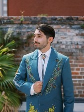 Men Royal Blue 2Pc Floral Embroidered Nudie Western cowboy Cocktail Prom Outfit
