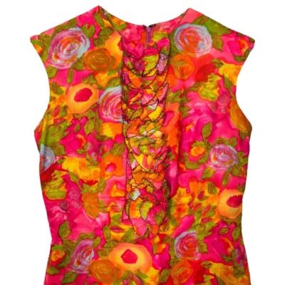 Vintage 60s Handmade Floral Sleeveless Dress 4 Small Hot Pink Ruffle Sheath  | eBay