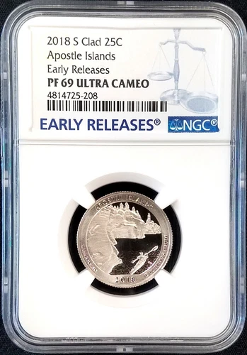 2018 S Proof Clad Apostle Islands Quarter, NGC Early Releases, PF 69 Ultra Cameo