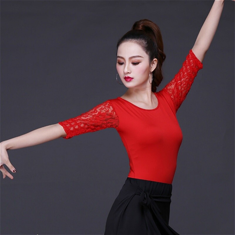 Women Latin Dance Blouse T-shirt Top Ballroom Dancewear Salsa Lace