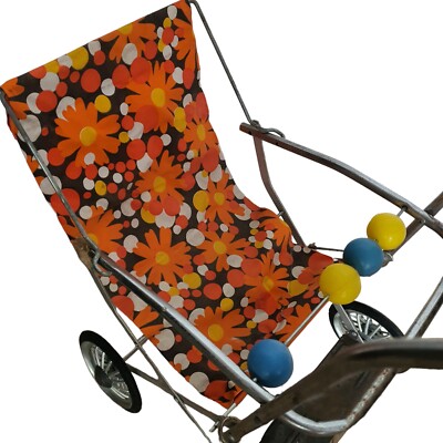 Ancienne Poussette De Poupée Pliable - Métal Et Tissu Floral Orange, Vintage