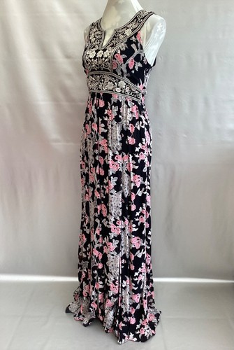 GORGEOUS MONSOON BLACK/WHITE/PINK FLORAL EMBROIDERED LONG EVE DRESS SIZE 12 - Picture 9 of 18