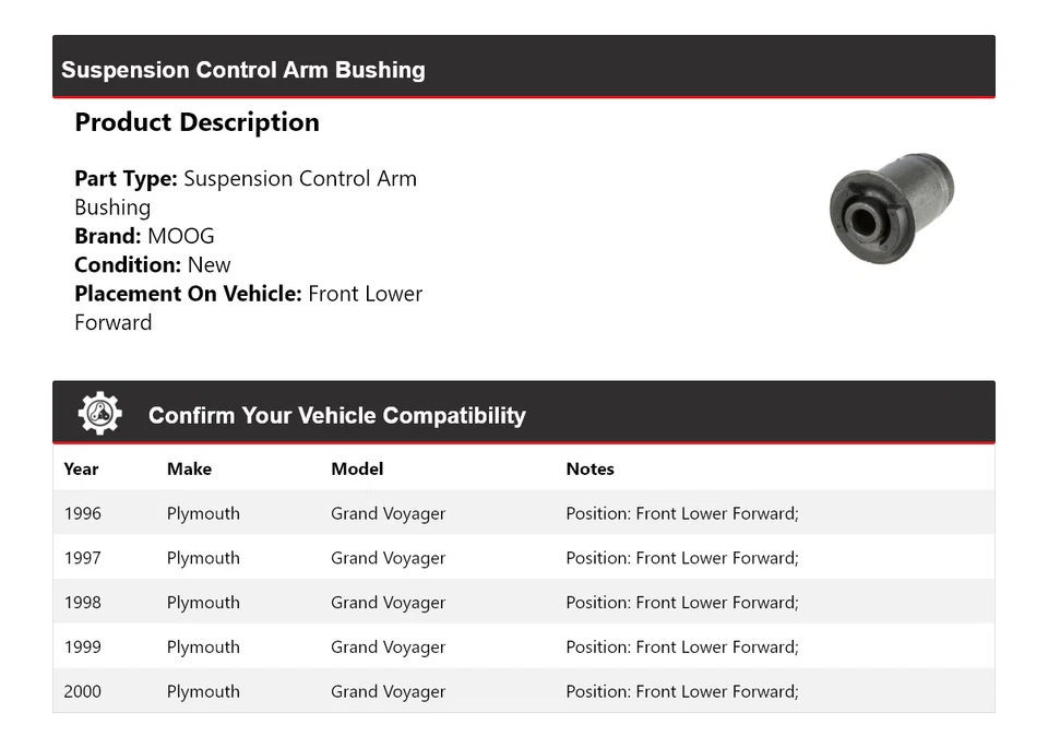 For 1996-2000 Plymouth Grand Voyager Suspension Control Arm Bushing MOOG 1996 - Image 2 of 4