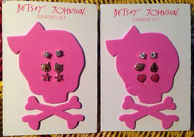 Betsey Johnson 3-Pair Stud Earring Sets Hearts Stars Cats Mint on Card New $25